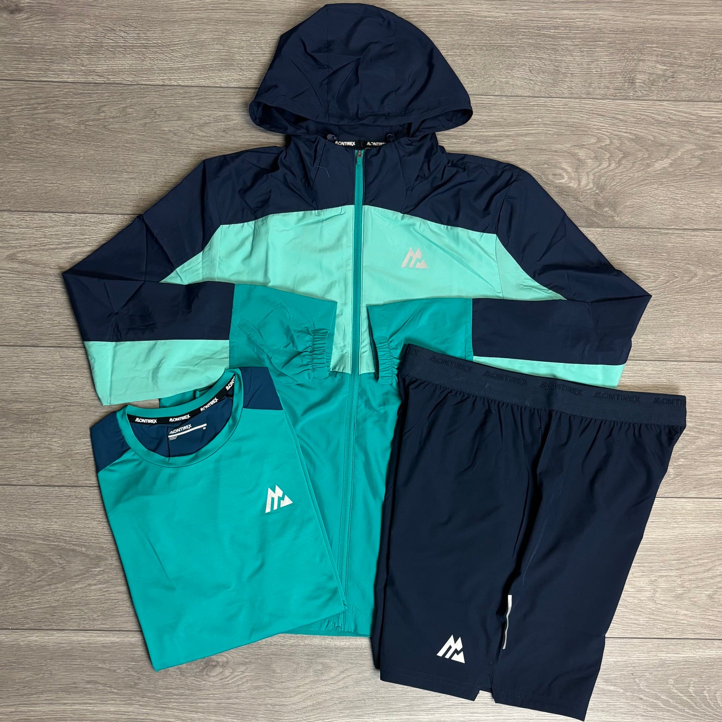 Montirex Breeze Windbreaker Aruba/Midnight Blue / Vista T-Shirt / Fly Short Midnight Blue 3 Piece Set