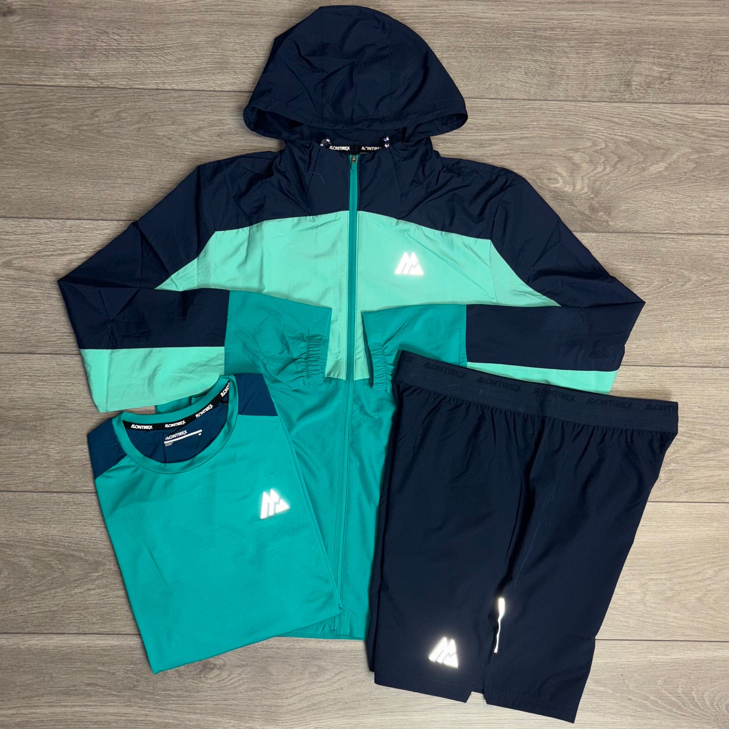 Montirex Breeze Windbreaker Aruba/Midnight Blue / Vista T-Shirt / Fly Short Midnight Blue 3 Piece Set