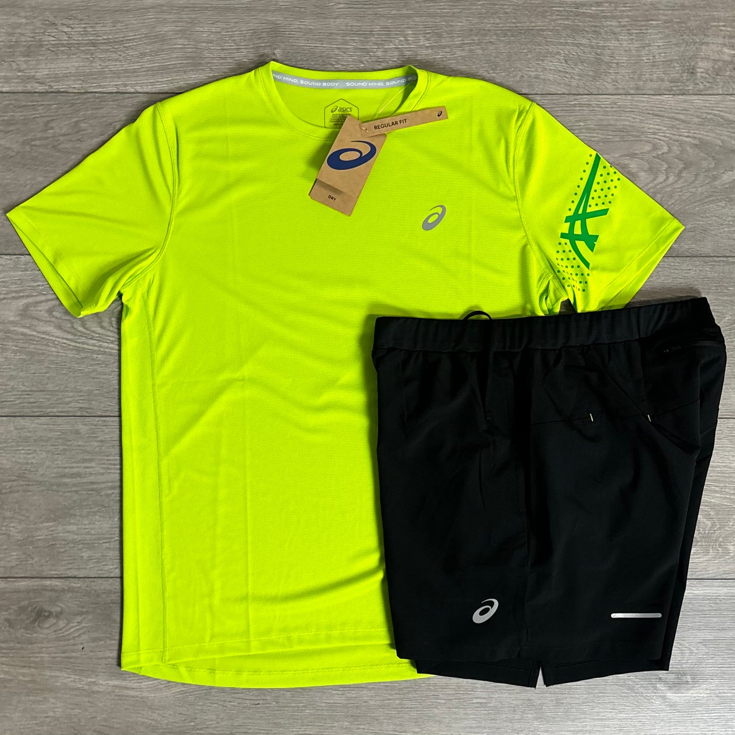 ASICS Icon SS Neon Green T-Shirt / Black Core Short Set