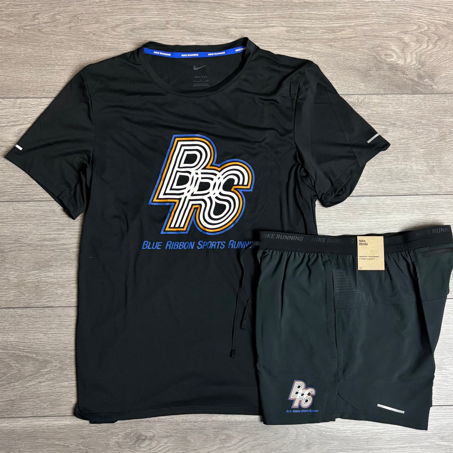Nike Running Energy Rise 365 T-Shirt / Stride Shorts Set Black/Blue/Orange