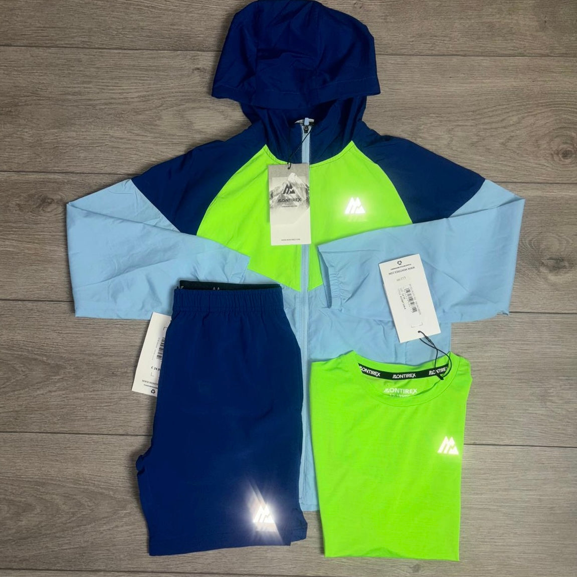 Juniors Montirex Velocity Windbreaker / Shorts / T-Shirt Blue/Neon Green 3 Piece Set