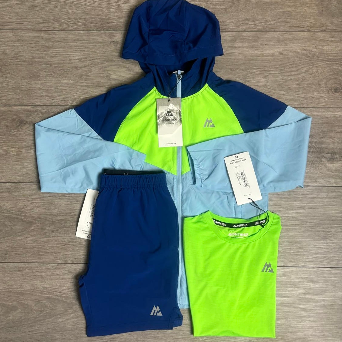 Juniors Montirex Velocity Windbreaker / Shorts / T-Shirt Blue/Neon Green 3 Piece Set